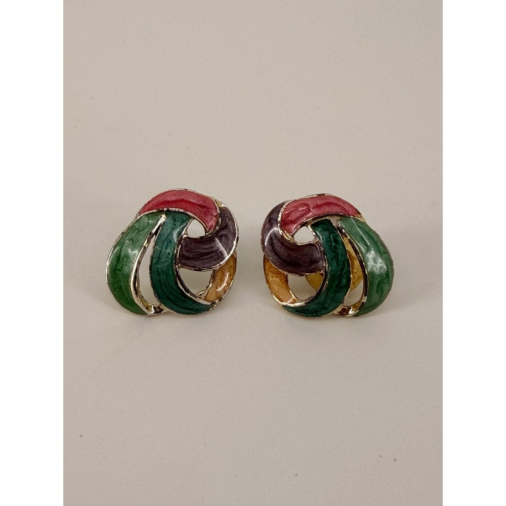 Vintage Gold Tone Multi Color Enamel Knot Stud Earrings Red Green Purple Retro